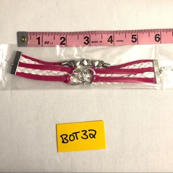 Heart Braided PU Leather Wrap Charm Bracelet Pink White - Picture 3 of 4